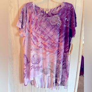 NWT Women Purple Pisces High/Low Short Sleeve Shirt Size 1X